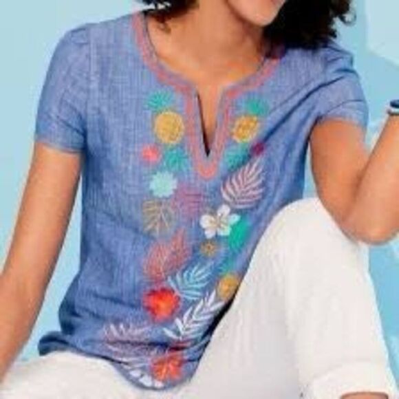 Talbots Embroidered Linen Blend Top Sz L Petite Floral Boho - Picture 2 of 10